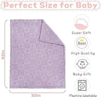 Fleece Baby Blanket Heart Checkered Blanket, Ultra Soft Cozy Baby Blankets for Girls Boys, Fluffy Infant Toddler Newborn Receiving Blankets for Crib Stroller 30”×40” (Purple)