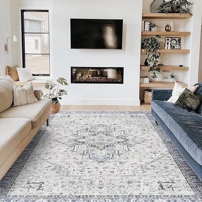 Blue Dining Room Rug 6x9 Washable Easy to Clean Stain Resistant Medallion Printed Vintage Area Rug for Bedroom
