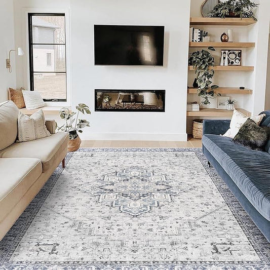 Blue Dining Room Rug 6x9 Washable Easy to Clean Stain Resistant Medallion Printed Vintage Area Rug for Bedroom