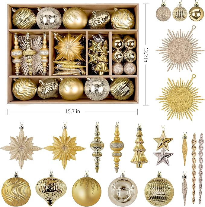 SHareconn 80pcs Christmas Balls Ornaments Set, Contemporary Light Luxury Gift Set, Shatterproof Plastic Decor for Xmas Tree Holiday Wedding Party Decorations with Hanging Strings, Dark and Light Gold