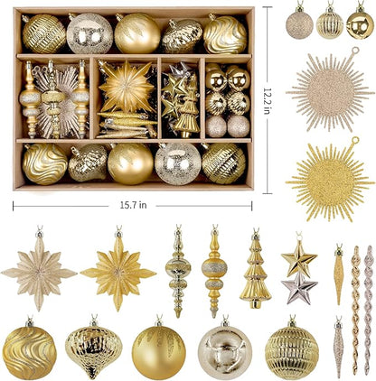SHareconn 80pcs Christmas Balls Ornaments Set, Contemporary Light Luxury Gift Set, Shatterproof Plastic Decor for Xmas Tree Holiday Wedding Party Decorations with Hanging Strings, Dark and Light Gold