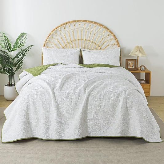 HoneiLife Queen Quilt Bedding Set - Microfiber Quilt Sets for Queen Bed, 3-Piece Lightweight Bedspreads,Reversible Coverlets Rustic Bed Cover, Floral Bedding Set All Season Quilts-Olive Green