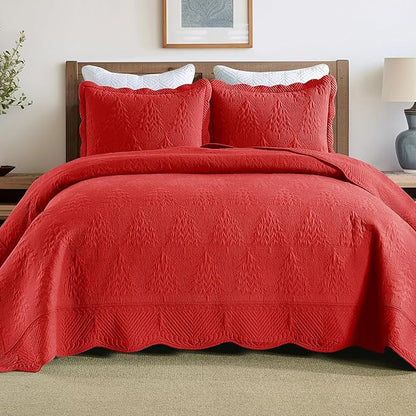 MarCielo 3-Piece Christmas Quilt 100% Cotton Oversized Bedspread Lightweight Coverlet Embroidery Christmas Tree Pattern Bedding Set (TC Red, Oversized King (118"x106"))