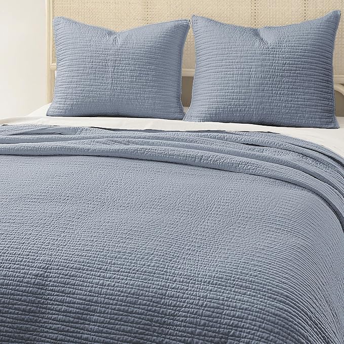 Wonderful Linen Cotton Quilt Set King Size, 100% Cotton Back and Filling, 3 Piece Pre-Washed Blue Bedding Cover, Wave Stitched Bedspread Coverlet Bedding Set 3-Piece for All Seasons, 104"x94"