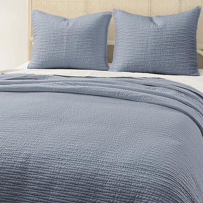 Wonderful Linen Cotton Quilt Set Queen Size, 100% Cotton Back and Filling, 3 Piece Pre-Washed Blue Bedding Cover, Wave Stitched Bedspread Coverlet Bedding Set 3-Piece for All Seasons, 94"x94"