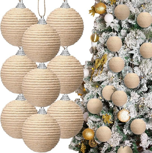 Syhood 9 Pcs 2.36 Inch Christmas Ball Ornaments Boho Farmhouse Jute Rope Hanging Balls Burlap Neutral Rustic Ornaments for Xmas Tree Holiday Wreath Garland Wedding Home(Linen)