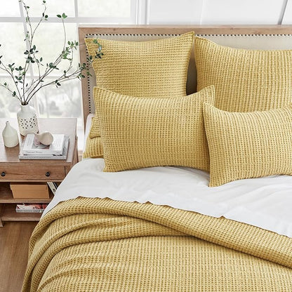 Levtex Home Mills Waffle Full Bedspread Set (100x104in) with 2 Pillow Shams (26x20in) - Ochre - Cotton Waffle Full Size Bedspread Set - Lightweight, Soft, Pre-Washed