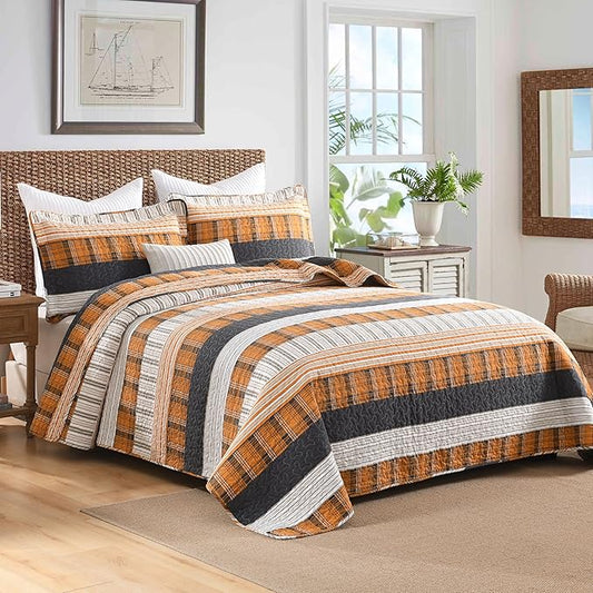 Homzard King Comforter，Cotton King Size Quilt，Caramel Orange Black Bedding Set，Plaid Striped Bedspread，Lightweight Reversible Bed Set 3 Pieces