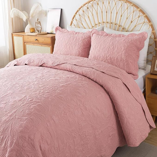 HoneiLife Queen Quilt Bedding Set - 3 Pieces Microfiber Quilt Sets Lightweight Bedspreads Reversible Coverlets Rustic Bed Cover Floral Bedding Set All Season Quilts-Pink