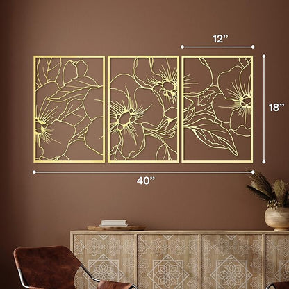 Vivegate Gold Minimalist Floral Single Line Metal Wall Art Decor - 18"X12" 3 Packs Gold Floral Abstract Minimalist Lines Wall signs for Hanging home wall decor
