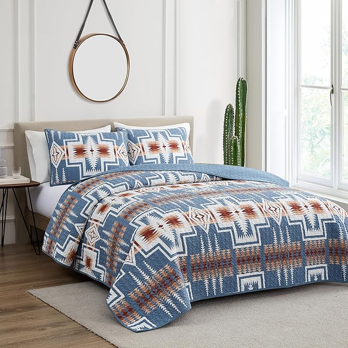 PENDLETON Harding Denim Blue Comforters Queen Size, Wrinkle-Resistant Bedding Cover for Vibrant Summer Rustic Geomeric Farmhouse Decor, Quilt with Matching Pillow Shams, Full/Queen, Denim