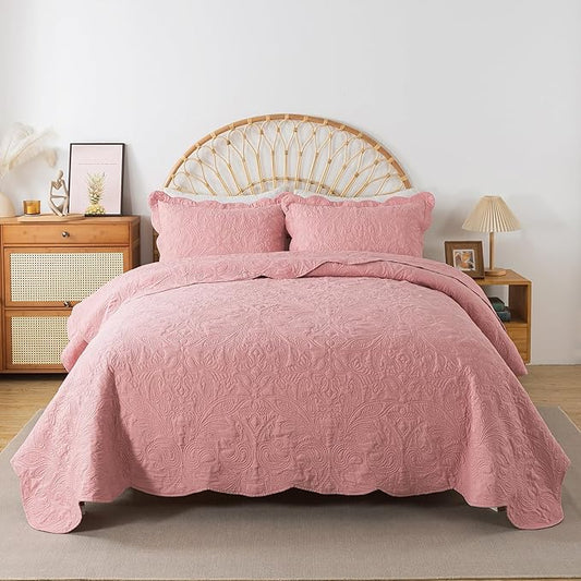 HoneiLife Quilt Sets King Size - 3 Pieces Microfiber Quilt Set Lightweight Bedspreads Reversible Coverlets Rustic Bed Cover King Quilt Bedding Set All Season Quilts-Pink