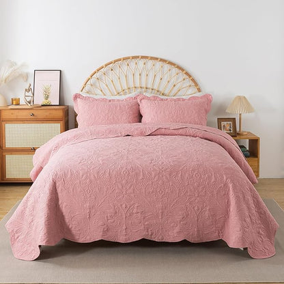 HoneiLife Queen Quilt Bedding Set - 3 Pieces Microfiber Quilt Sets Lightweight Bedspreads Reversible Coverlets Rustic Bed Cover Floral Bedding Set All Season Quilts-Pink
