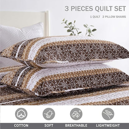 Homzard Brown Quilts Queen Size,Boho Cotton Comforter Set Queen Size,Brown White Snowflake Striped Quilted Bedspread Set,Bohemian Lightweight Comforter Bedding with 2 Pillow Shams
