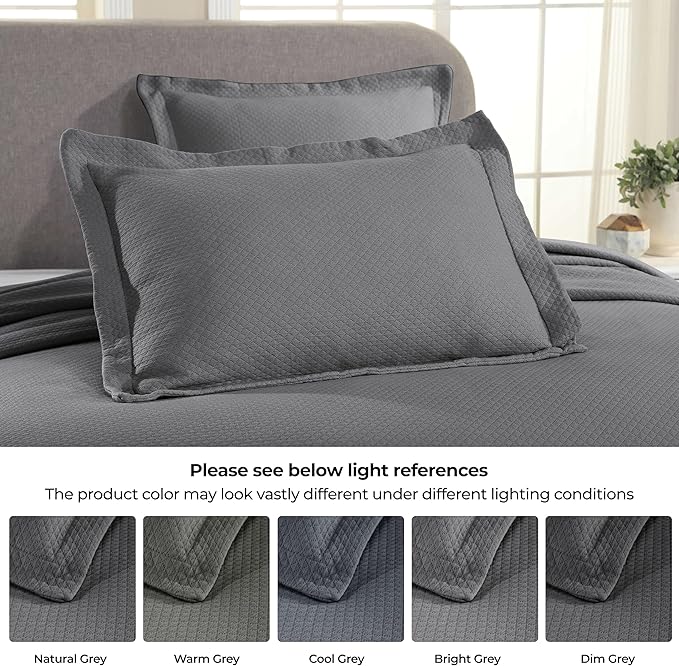 Superior Solitaire Cotton 3 Piece Bedspread Set, Home Bed Decor, Decorative Textured Bed Spread, 2 Pillow Shams, Airy Blanket, Matelasse Coverlet Bedding, All-Season Accent Blanket, Queen, Grey