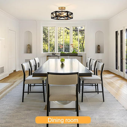 Kitchen Lighting Fixtures Ceiling, Farmhouse Flush Mount Ceiling Light Black and Gold Hallway Light Fixtures with 3 Lights Metal Cage for Hallway Hexagon Shade 14.5 in