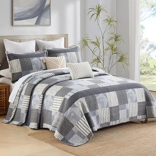Homzard Grey Comforter Set,Cotton Plaid Striped Quilts Queen Size for The Bed,Reversible Geometric Queen Size Bedspread with 2 Pillow Shams,Lightweight 3 Piece Bedding All Season