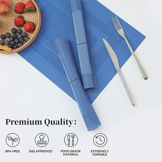 Leetaltree Blue Frame Placemats Set of 4 - Heat Resistant Non-Slip Place mats for Dining Table, Washable Durable PVC Vinyl Woven Table Mats（Blue Frame, 4）