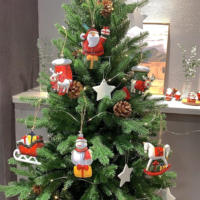 Metal Christmas Tree Ornaments 6-Pack Xmas Hanging Ornaments Santa Snowman Christmas Stocking Sleigh Ornaments for Christmas Tree Holiday Decorations, Outdoor Holiday Home Decorations