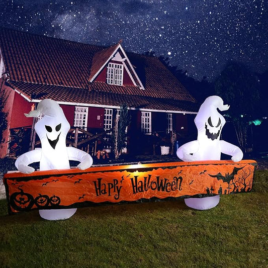 MUMTOP 8 Ft Long Inflatable Outdoor Halloween Decoration, Inflatables Ghost with Happy Halloween Decorations Blow Up with Built-in LED Lights for Yard Party Holiday Garden Decor