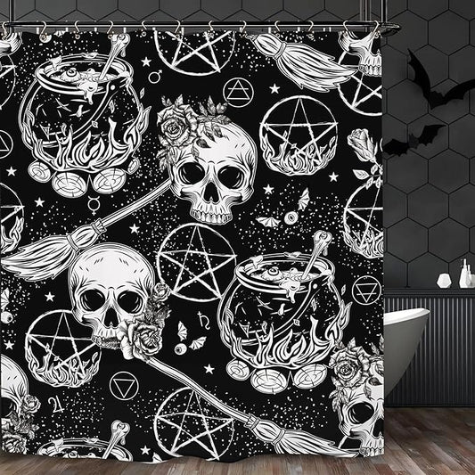 Skull Witch Halloween Shower Curtain 60Wx72L Inch Horror Spooky Scary Magical Mysterious Gothic Black White Holiday Bathroom Set Accessories Decor with 12 Pack Hooks