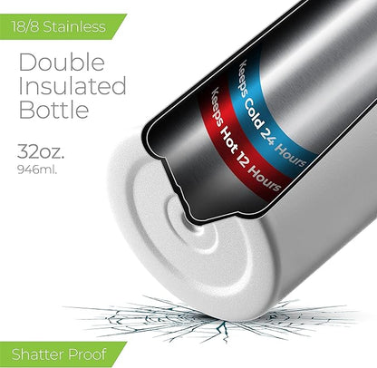 SipX™ Triple-Insulated Stainless Steel Water Bottle 32oz. With 3 Lids, BPA-Free Reusable Insulated Water Bottle Keeps Cold 24 Hours, Metal Water Bottle Made Of Sustainable Material For Hiking & Biking