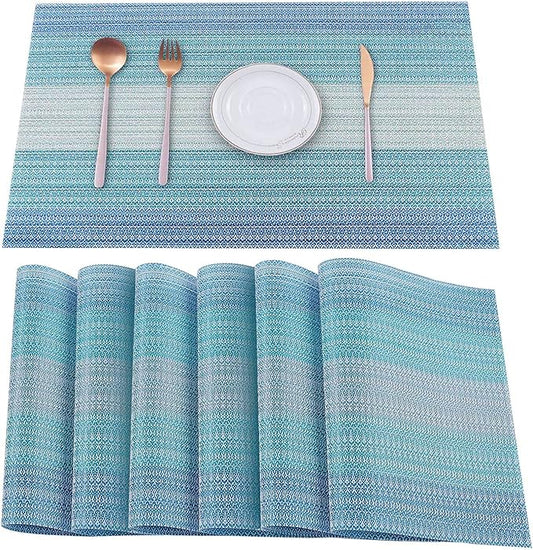 HeloHo Blue Placemats Set of 6,Stain-Resistant Kitchen Table Mats Washable Placemats Crossweave Woven Vinyl Placemat for Kitchen Dining Table