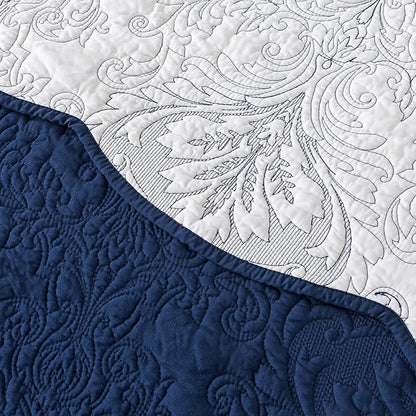 HoneiLife Queen Quilt Bedding Set - Microfiber Quilt Sets for Queen Bed, 3-Piece Lightweight Bedspreads,Reversible Coverlets Rustic Bed Cover, Floral Bedding Set All Season Quilts-Navy