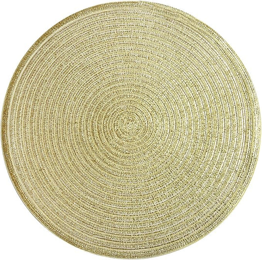 SHACOS Golden Glitter Round Braided Placemats Set of 6 Bling Circle Place Mats Washable Table Mats for Holiday Party Wedding Shower (6, Gold)