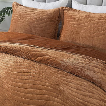 HoneiLife Velvet Quilts Queen Size - Lightweight Bedspreads 3-Pieces, Solid Coverlets Queen Quilt Bedding Sets, Wavy Quilt Sets for All Season Use-Camel