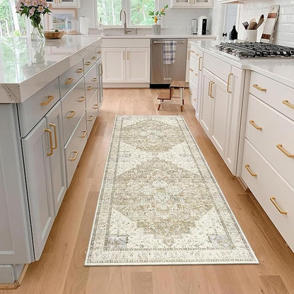 Boho Runners for Hallway,3x10 Non Slip Washable Neutral Rustic Modern Farmhouse Persian Runner Rugs for Kitchen, 3 x 10, Light Tan Brown and Beige Coffee