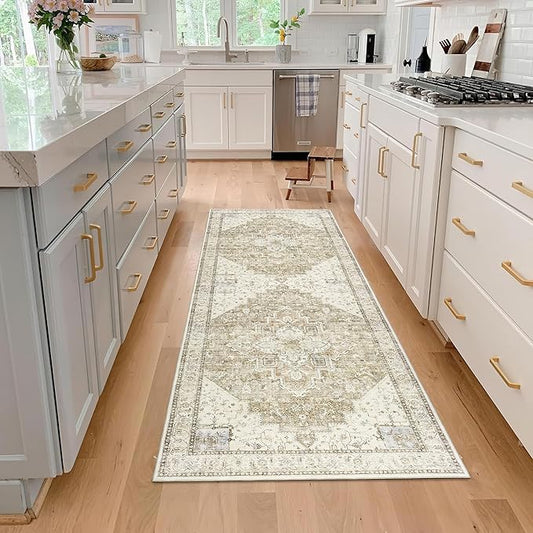 Boho Runners for Hallway,3x10 Non Slip Washable Neutral Rustic Modern Farmhouse Persian Runner Rugs for Kitchen, 3 x 10, Light Tan Brown and Beige Coffee