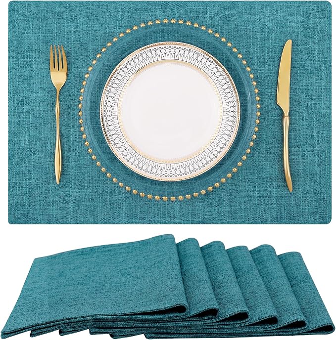 homing Teal Cloth Easter Placemats Set of 6 – Cotton Linen Blend Washable Spring Dining Table Mats for Easter, Indoors & Outdoors, Easy to Clean, 13 x 19 Inch