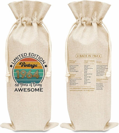 Disfuco 60th Birthday Wine Gift Bag, 1964 Birthday Gift Wine Bag, Burlap Wine Bottle Cover Bag For Women Men, Friends, Daughter, Son, Newphew, Niece, 1 Pc (B05)