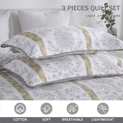 Homzard Quilts Queen Size - Cotton Comforter Set,White Grey Yellow Striped Quilt Bedspread Set,Paisley Bedding Queen Size and Two Pillow Shams