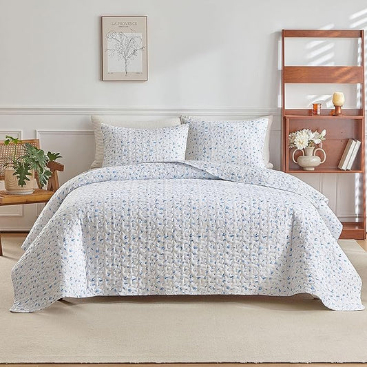mixinni Full Queen Quilt Bedding Set with Pillow Shams, 3 Piece Boho Blue Floral Bed Coverlets for All Seasons, Soft Lightweight Microfiber Quilted Comforter Set-(90"x96", 1 Quilt+ 2 Pillow Shams)