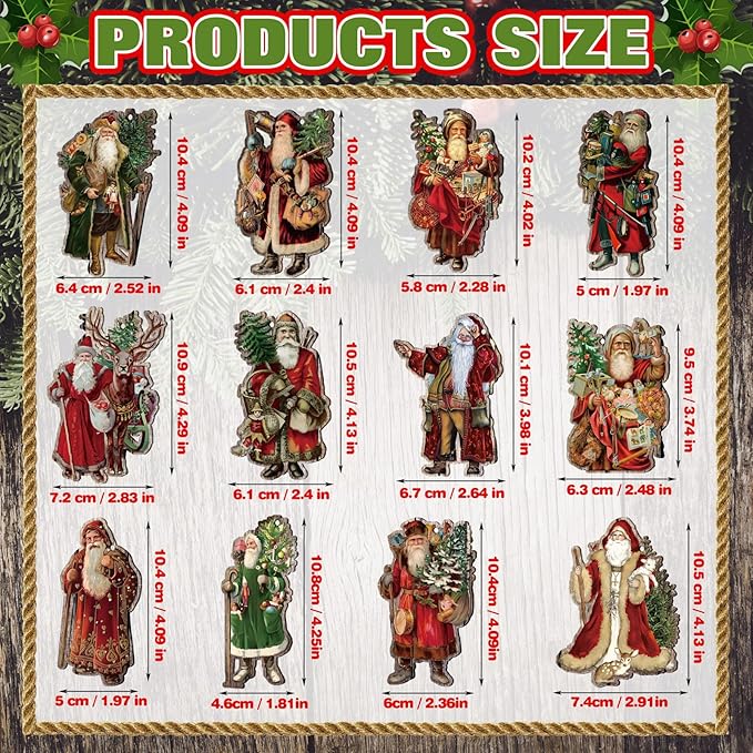 Suzile 36 Pcs Christmas Wooden Ornaments Vintage Christmas Tree Decorations Santa Claus Ornaments for Tree Wreaths Xmas Hanging Wood Cutouts Decor for Farmhouse Home Winter Holiday Party Favors
