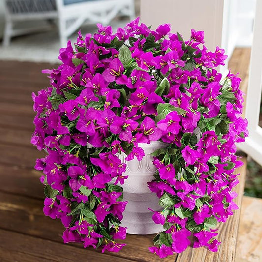 Artificial Faux Bougainvillea Flowers Plants for Outdoor Outside Summer Decoration, 2 pcs Fake Silk UV Resistant Look Real Long Trailing Vines for Front Door Porch Planter Urn Patio Balcony, Purple