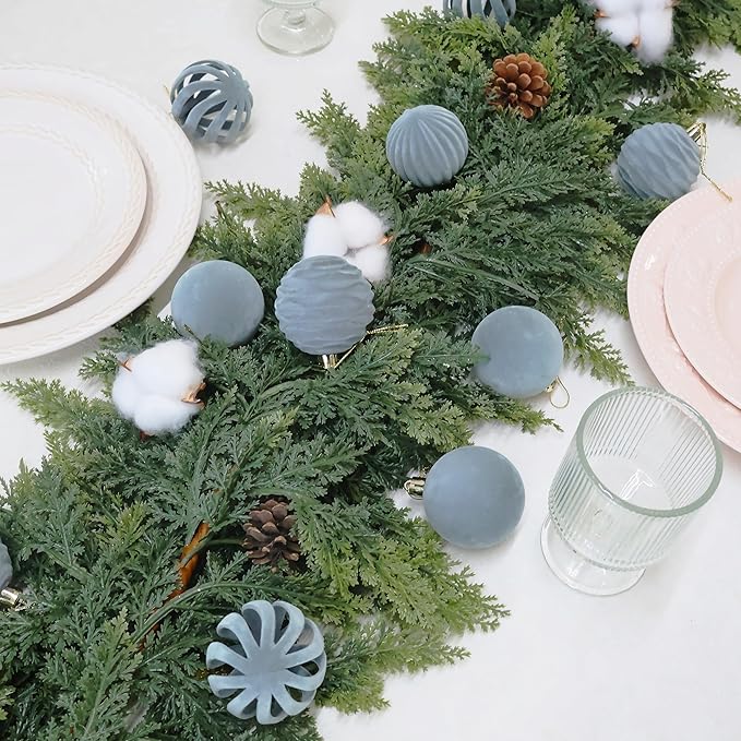 4inch Velvet Ornaments for Christmas Tree, 9 pcs Flocked Dusty Blue Christmas Ornaments Balls Set Assortment for Xmas Tree Holiday Decor