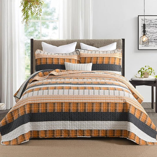Homzard King Comforter，Cotton King Size Quilt，Caramel Orange Black Bedding Set，Plaid Striped Bedspread，Lightweight Reversible Bed Set 3 Pieces
