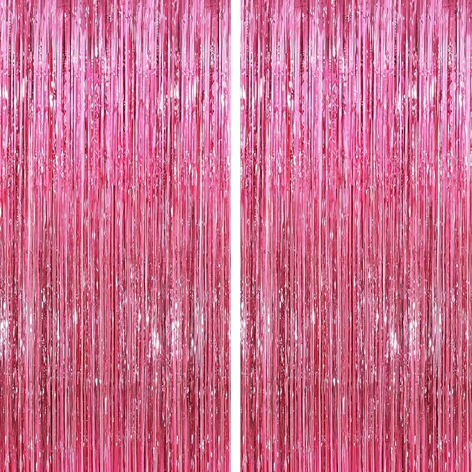 Glitter Pink Party Streamers 2Pack Glitter Foil Fringe Curtain 3.3 x 8.3ft Pink Party Decor Photo Booth Streamers Metallic Tinsel Door Streamer for XmasThanksgiving Engagement Party Decors Streamers
