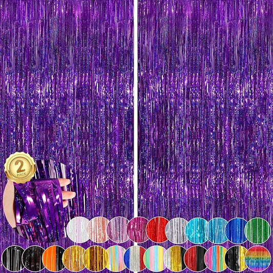 2 Pack Purple Metallic Tinsel Foil Fringe Curtains, Purple Streamers 3.3 x 8.3ft Party Streamers for Birthday Party Decorations, Foil Curtain Backdrop for Wedding Bachelorette Party, Halloween Decor