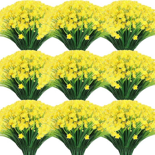 Hoteam 50 Bundles Fall Outdoor Artificial Flowers Plants Uv Resistant Outside Faux Flowers Plastic Fake Plants Outdoor Summer Four Seasons Decoration Shrubs Garden Porch, Yellow