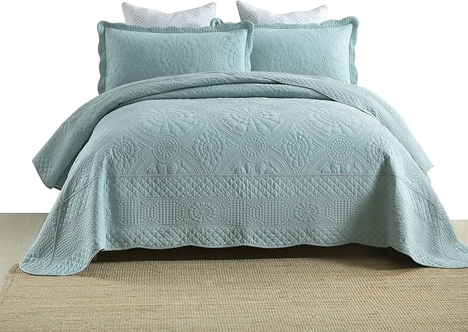 MarCielo 3-Piece 100% Cotton Oversized Bedspread Lightweight Quilt Coverlet Embroidery Farmhouse Bedding (Tf Aruba Blue, Oversized Queen (100"x106"))