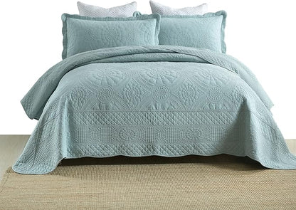 MarCielo 3-Piece 100% Cotton Oversized Bedspread Lightweight Quilt Coverlet Embroidery Farmhouse Bedding (Tf Aruba Blue, Oversized Queen (100"x106"))