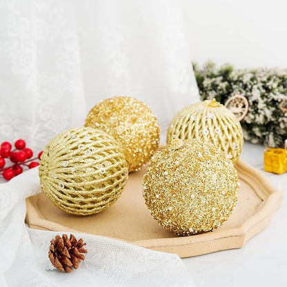 6pcs 3.94" Christmas Ball Ornaments Glitter Shatterproof Christmas Tree Ornaments Sequin Xmas Hanging Balls Decorations for Wedding Party Holiday(Gold, 6pc-10cm)