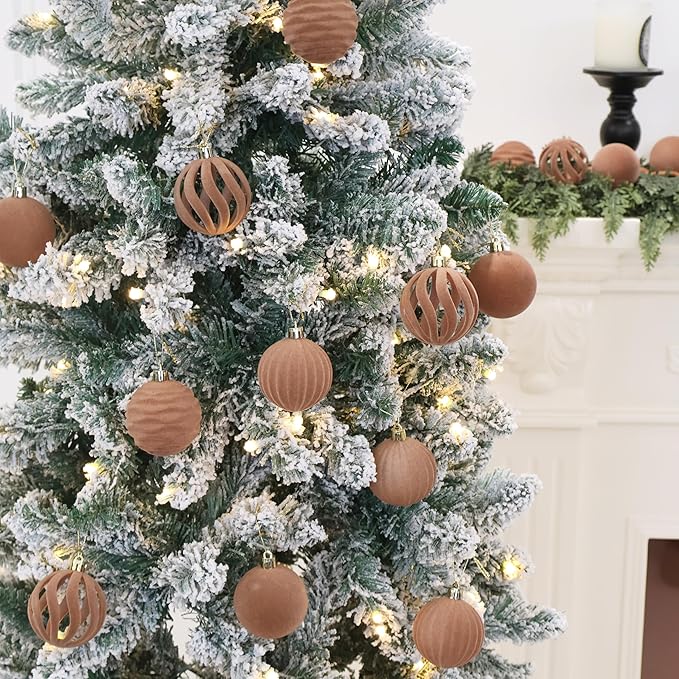 Senjie Velvet Christmas Balls Flocked Christmas Tree 3.15inch Ornaments 12PCS Plastic Balls Xmas Hanging Ornaments Decoration Light Coffee