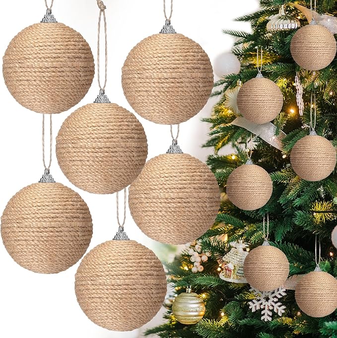 Syhood 6pcs Christmas Ball Ornaments Boho Farmhouse Jute Rope Hanging Xmas Balls Burlap Neutral Rustic Ornaments for Xmas Tree Holiday Wreath Garland (3.15 Inches,Linen)