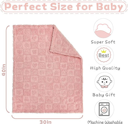 Fleece Baby Blanket Heart Checkered Blanket, Ultra Soft Cozy Baby Blankets for Girls Boys, Fluffy Infant Toddler Newborn Receiving Blankets for Crib Stroller 30”×40” (Dark Pink)