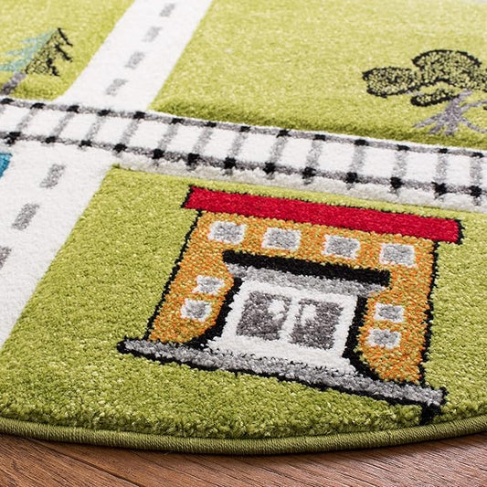SAFAVIEH Carousel Kids Collection 4' Round Green / Ivory CRK192Y Neighborhood Nursery Playroom Area Rug